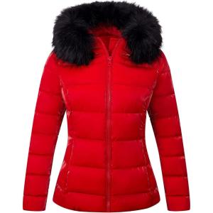 Bellivera Womens Lightweight Puffer Jacket, Winter Coats for Women Warm Quilted Bubble Padded Hood Coat with Faux Fur Collar(Red)