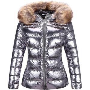 Bellivera Womens Lightweight Puffer Jacket, Winter Coats for Women Warm Quilted Bubble Padded Hood Coat with Faux Fur Collar(Sliver)