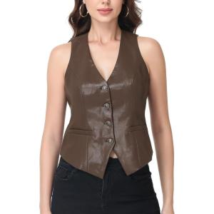 CFRTMTBB Women’s PU Leather Vest Top Button Down V Neck Sleeveless Business Casual Jacket Vest Waistcoat(Brown)