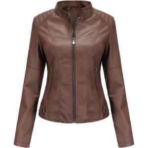 DEAR MODEL Faux Leather Jacket Women Bomber Jacket Women’s Belted Motorcycle Jacket(Brown)