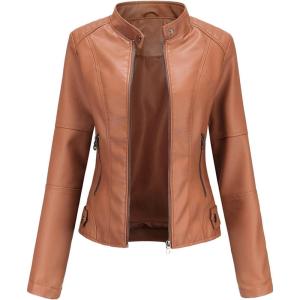 DEAR MODEL Faux Leather Jacket Women Bomber Jacket Women’s Belted Motorcycle Jacket(Camel)