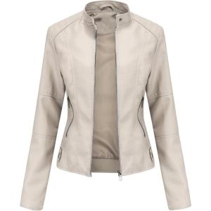 DEAR MODEL Faux Leather Jacket Women Bomber Jacket Women’s Belted Motorcycle Jacket(Cream)