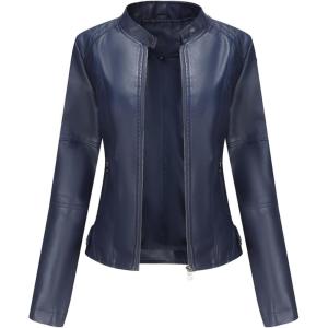 DEAR MODEL Faux Leather Jacket Women Bomber Jacket Women’s Belted Motorcycle Jacket(Deep Blue)