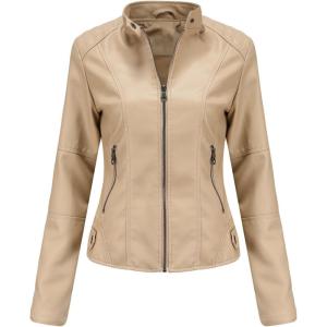 DEAR MODEL Faux Leather Jacket Women Bomber Jacket Women’s Belted Motorcycle Jacket(Khaki)