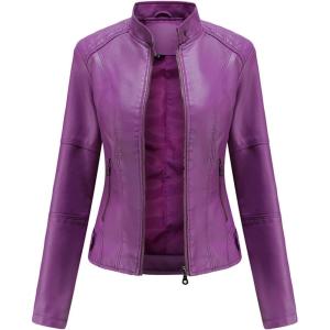 DEAR MODEL Faux Leather Jacket Women Bomber Jacket Women’s Belted Motorcycle Jacket(Purple)