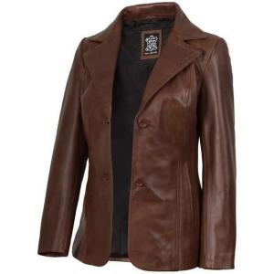 Decrum Real Leather Blazer Women – Casual Stylish Lambskin Leather Blazer for Women(Surrey Cognac Leather Blazer Women)