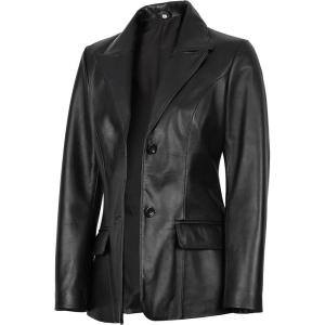 Decrum Real Leather Blazer Women – Casual Stylish Lambskin Leather Blazer for Women(Vicenza – Black 2 Button Blazer)