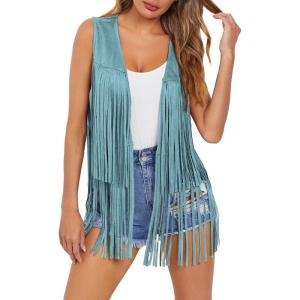 Dokotoo Womens Fringe Vest 70s Hippie Costume Sleeveless Cowgirl Western Outfits Faux Suede Tassel Leather Outerwear(Blue)