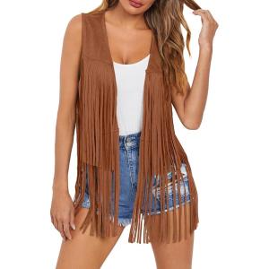 Dokotoo Womens Fringe Vest 70s Hippie Costume Sleeveless Cowgirl Western Outfits Faux Suede Tassel Leather Outerwear(Cinnamon)