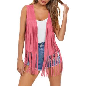Dokotoo Womens Fringe Vest 70s Hippie Costume Sleeveless Cowgirl Western Outfits Faux Suede Tassel Leather Outerwear(Pink)