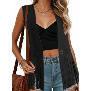 Dokotoo Womens Fringe Vest Cowgirl Western Outfits 70s Hippie Costume Sleeveless Hollow Out Faux Suede Tassel Outerwear(Black)