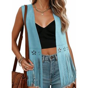 Dokotoo Womens Fringe Vest Cowgirl Western Outfits 70s Hippie Costume Sleeveless Hollow Out Faux Suede Tassel Outerwear(Blue)