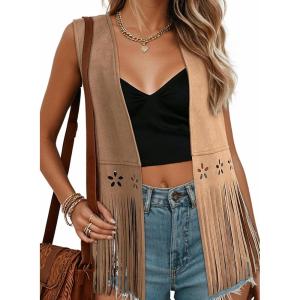 Dokotoo Womens Fringe Vest Cowgirl Western Outfits 70s Hippie Costume Sleeveless Hollow Out Faux Suede Tassel Outerwear(Khaki)