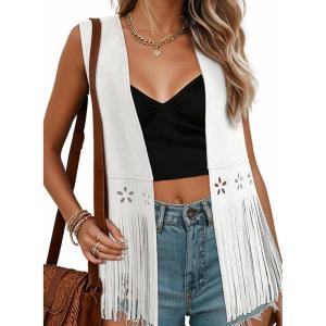 Dokotoo Womens Fringe Vest Cowgirl Western Outfits 70s Hippie Costume Sleeveless Hollow Out Faux Suede Tassel Outerwear(White)