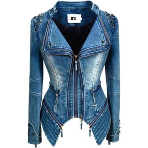 Fashion SX Womens Rivet Faux Leather Jacket Zipper Moto Biker Denim coat Motorcycle Outwear(Blue)