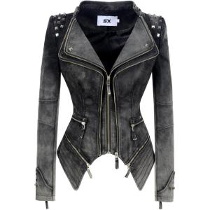 Fashion SX Womens Rivet Faux Leather Jacket Zipper Moto Biker Denim coat Motorcycle Outwear(Gray)