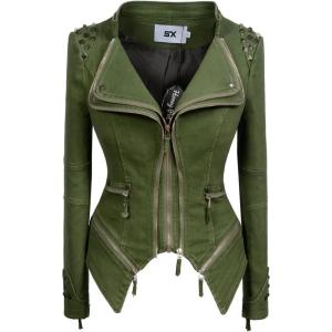 Fashion SX Womens Rivet Faux Leather Jacket Zipper Moto Biker Denim coat Motorcycle Outwear(Green)
