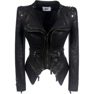 Fashion SX Womens Rivet Faux Leather Jacket Zipper Moto Biker Denim coat Motorcycle Outwear(Rivet-publack)