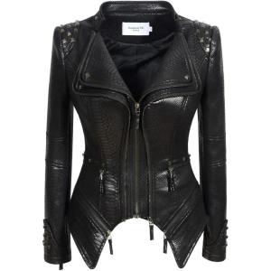 Fashion SX Womens Rivet Faux Leather Jacket Zipper Moto Biker Denim coat Motorcycle Outwear(Snake Black)