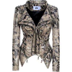 Fashion SX Womens Rivet Faux Leather Jacket Zipper Moto Biker Denim coat Motorcycle Outwear(Snake Skin)
