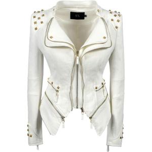 Fashion SX Womens Rivet Faux Leather Jacket Zipper Moto Biker Denim coat Motorcycle Outwear(White)