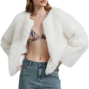 Flygo Women Faux Fur Coat Fluffy Long Sleeve Open Front Cropped Furry Jacket Shaggy 2025 Warm Winter Outwear with Pockets(Beige)