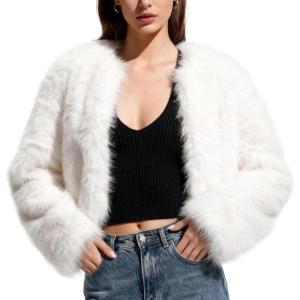 Flygo Women Faux Fur Coat Fluffy Long Sleeve Open Front Cropped Furry Jacket Shaggy 2025 Warm Winter Outwear with Pockets(White)