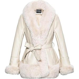 GRAN ORIENTE Women’s Faux Leather Jacket with Faux Fur Collar, Winter Long Sleeve Furry Trim Peplum Parka Coat with Belt(Apricot)