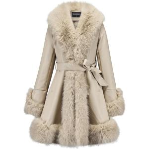 GRAN ORIENTE Women’s Faux Leather Jacket with Faux Fur Collar, Winter Long Sleeve Furry Trim Peplum Parka Coat with Belt(Apricot Long)