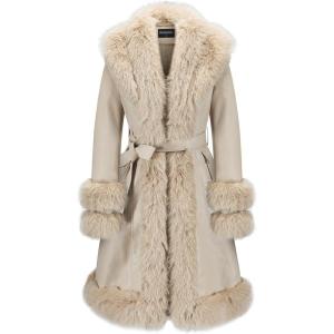 GRAN ORIENTE Women’s Faux Leather Jacket with Faux Fur Collar, Winter Long Sleeve Furry Trim Peplum Parka Coat with Belt(Apricot Long Zipper)