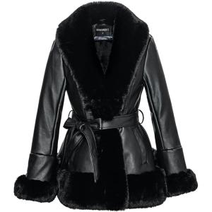 GRAN ORIENTE Women’s Faux Leather Jacket with Faux Fur Collar, Winter Long Sleeve Furry Trim Peplum Parka Coat with Belt(Black)