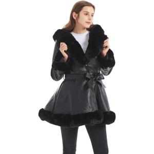 GRAN ORIENTE Women’s Faux Leather Jacket with Faux Fur Collar, Winter Long Sleeve Furry Trim Peplum Parka Coat with Belt(Black With Hood)