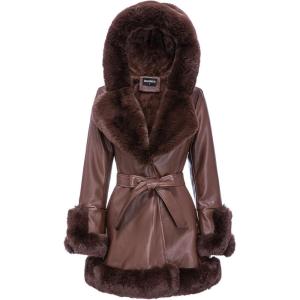 GRAN ORIENTE Women’s Faux Leather Jacket with Faux Fur Collar, Winter Long Sleeve Furry Trim Peplum Parka Coat with Belt(Brown With Hood)