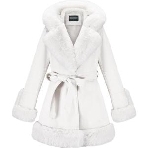 GRAN ORIENTE Women’s Faux Leather Jacket with Faux Fur Collar, Winter Long Sleeve Furry Trim Peplum Parka Coat with Belt(White With Hood)