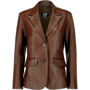 Jild Classic 2-Button Lambskin Leather Blazer Women – Casual Coat Long Sleeves Suit Style Leather Jacket Women(Brown)
