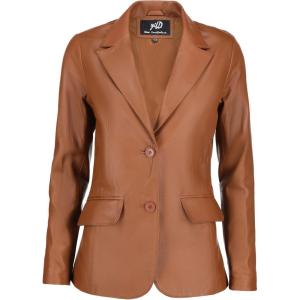 Jild Classic 2-Button Lambskin Leather Blazer Women – Casual Coat Long Sleeves Suit Style Leather Jacket Women(Cognac)
