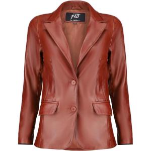 Jild Classic 2-Button Lambskin Leather Blazer Women – Casual Coat Long Sleeves Suit Style Leather Jacket Women(Tan)