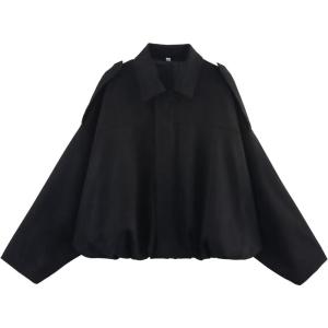 JoinQueen Faux Suede Jacket Women Oversized Long Sleeve Zip Up Epaulet Bomber Leather Jackets Oversized Casual Coat(Black)