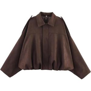 JoinQueen Faux Suede Jacket Women Oversized Long Sleeve Zip Up Epaulet Bomber Leather Jackets Oversized Casual Coat(Coffee)