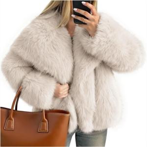 Kissonic Women Faux Fur Coat Long Sleeve Lapel Open Front Shaggy Furry Jacket Warm Fluffy Short Outwear(Beige)