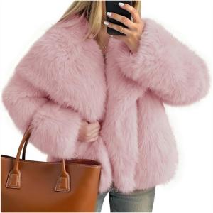 Kissonic Women Faux Fur Coat Long Sleeve Lapel Open Front Shaggy Furry Jacket Warm Fluffy Short Outwear(Pink)