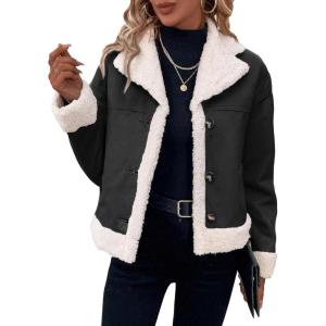 Mina Self 2025 Winter Women’s Faux Suede Sherpa Jacket – Shearling Lined Fur Leather Warm Thick Fleece Fuzzy Outerwear(Black)