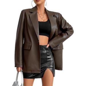 Muzly Womens Faux Leather Blazer Jacket Moto Biker Coat Long Sleeves Button Fashion Coats(Brown)