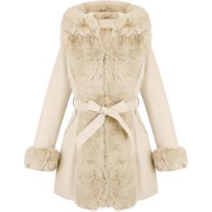 RISISSIDA Luxurious Women Winter Fur Lined Coat, Leather Jacket with Hooded Long Fur Collar, Thick Warm Heavy Overcoat Belted(Beige)