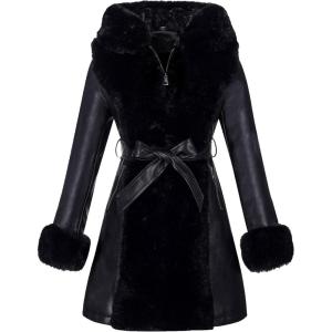 RISISSIDA Luxurious Women Winter Fur Lined Coat, Leather Jacket with Hooded Long Fur Collar, Thick Warm Heavy Overcoat Belted(Black)