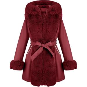 RISISSIDA Luxurious Women Winter Fur Lined Coat, Leather Jacket with Hooded Long Fur Collar, Thick Warm Heavy Overcoat Belted(Burgundy Wine)