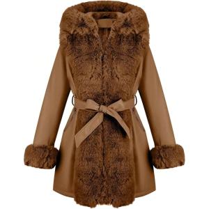 RISISSIDA Luxurious Women Winter Fur Lined Coat, Leather Jacket with Hooded Long Fur Collar, Thick Warm Heavy Overcoat Belted(Camel)