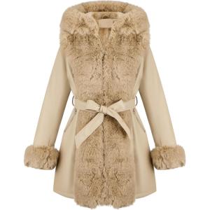 RISISSIDA Luxurious Women Winter Fur Lined Coat, Leather Jacket with Hooded Long Fur Collar, Thick Warm Heavy Overcoat Belted(Khaki)