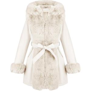 RISISSIDA Luxurious Women Winter Fur Lined Coat, Leather Jacket with Hooded Long Fur Collar, Thick Warm Heavy Overcoat Belted(White)