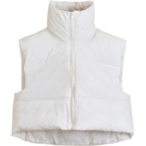 UANEO Cropped Puffer Vest Women Zip Up Stand Collar Sleeveless Padded Crop Puffy Vests(Beige)